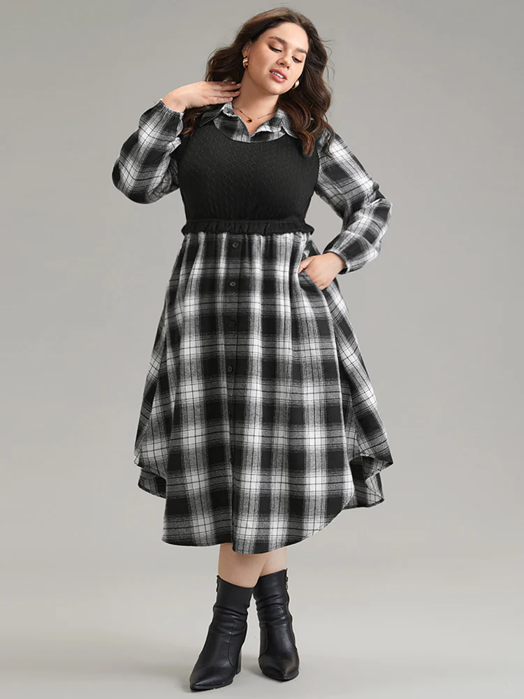 Plaid Patchwork Jacquard Button Detail Arc Hem Dress - Image 2