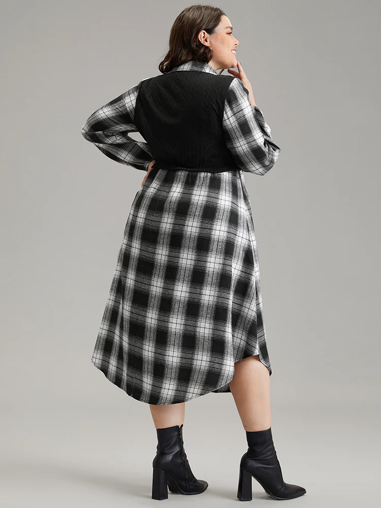 Plaid Patchwork Jacquard Button Detail Arc Hem Dress - Image 3