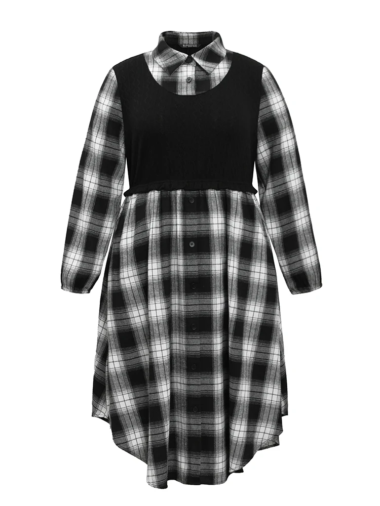 Plaid Patchwork Jacquard Button Detail Arc Hem Dress - Image 5