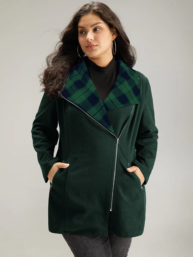 Plaid Patchwork Lapel Collar Zipper Coat