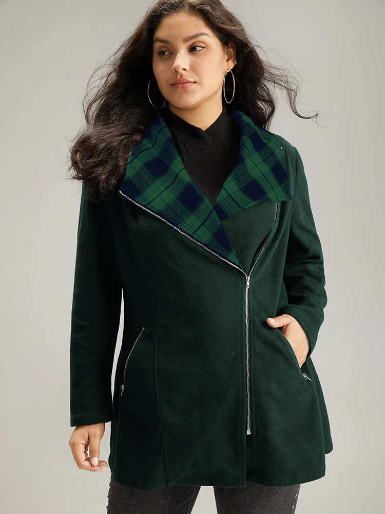 Plaid Patchwork Lapel Collar Zipper Coat - Image 3