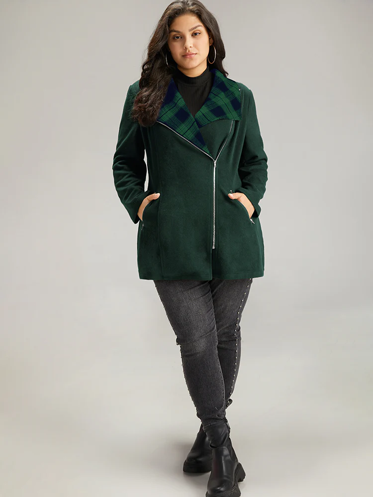 Plaid Patchwork Lapel Collar Zipper Coat - Image 4