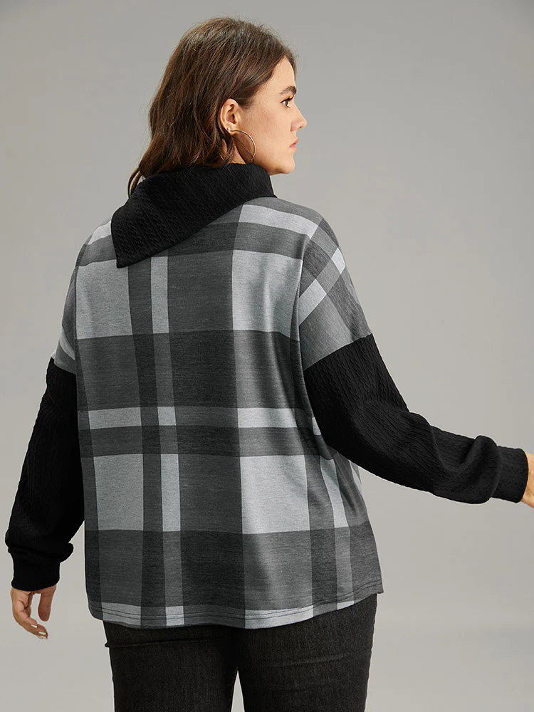 Plaid Patchwork Mock Neck Button Detail Sweatshirt - Image 2