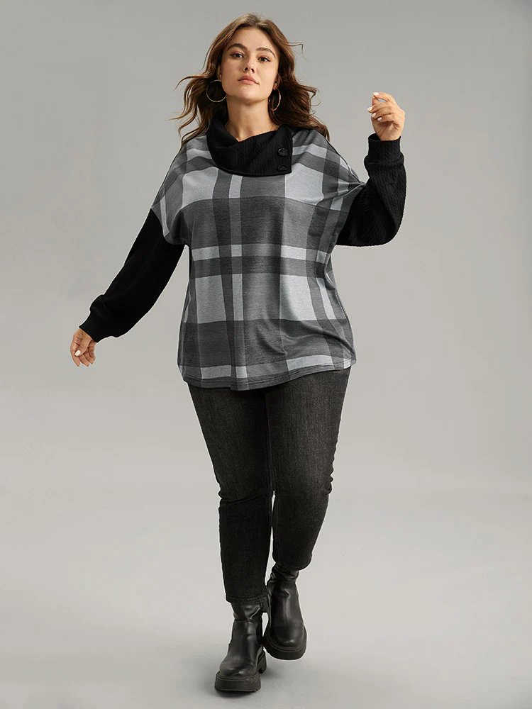 Plaid Patchwork Mock Neck Button Detail Sweatshirt - Image 3
