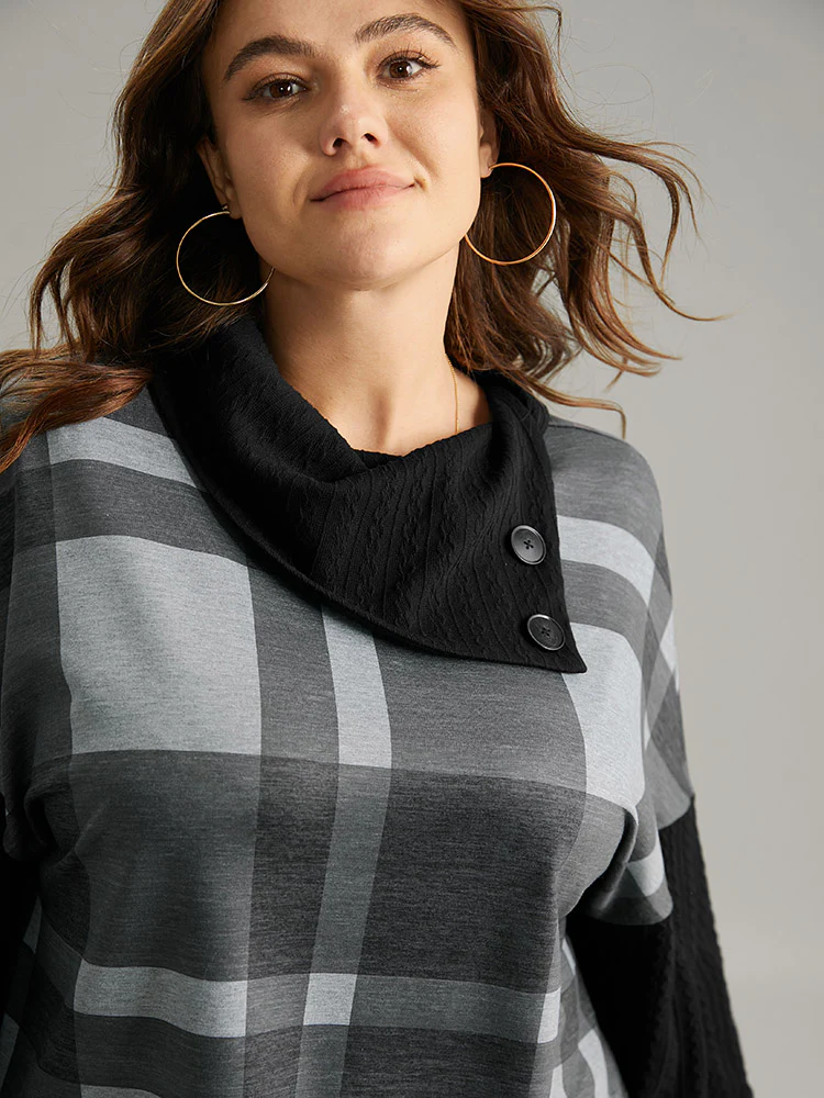 Plaid Patchwork Mock Neck Button Detail Sweatshirt - Image 4