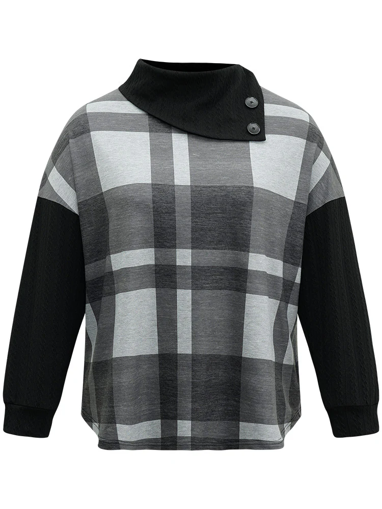 Plaid Patchwork Mock Neck Button Detail Sweatshirt - Image 5