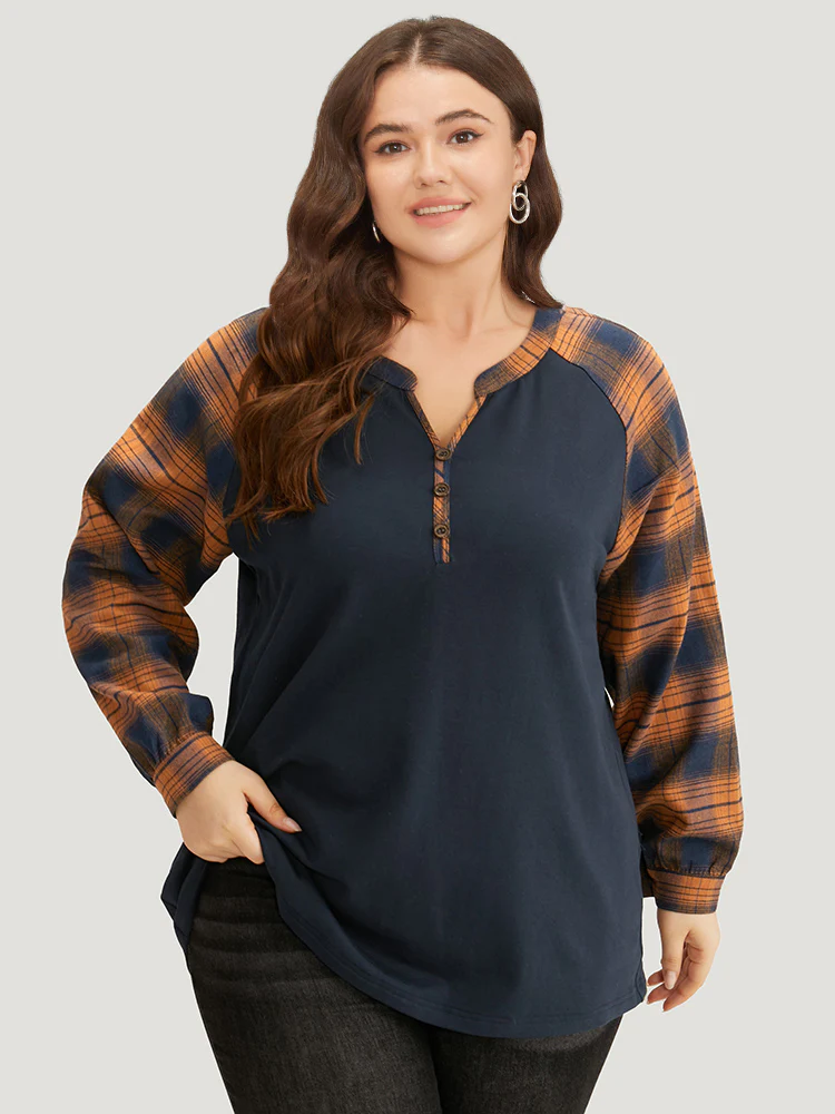 Plaid Patchwork Notched Button Detail Sweatshirt - Image 10