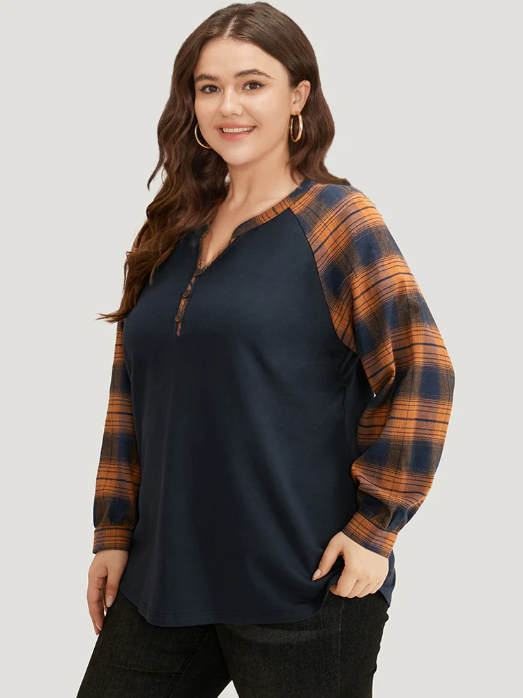 Plaid Patchwork Notched Button Detail Sweatshirt - Image 11