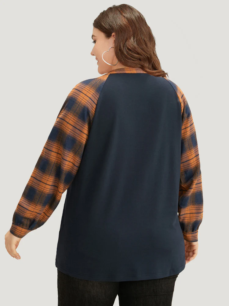 Plaid Patchwork Notched Button Detail Sweatshirt - Image 12