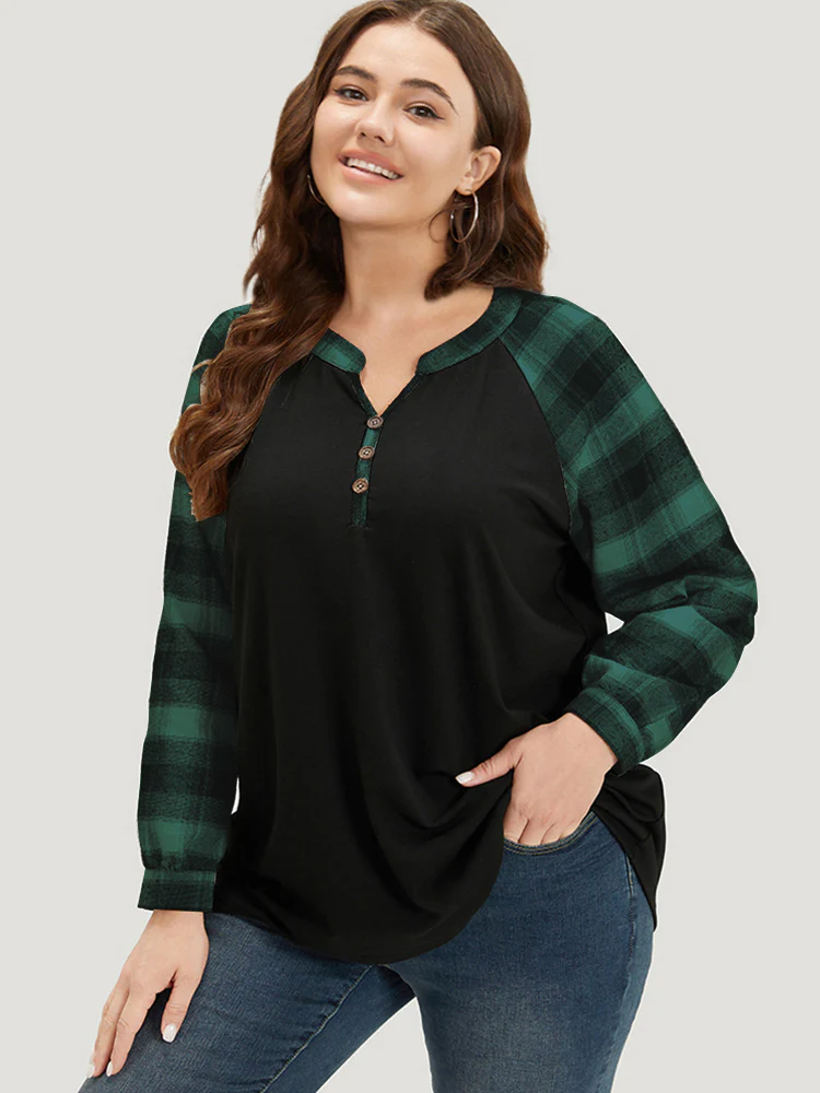 Plaid Patchwork Notched Button Detail Sweatshirt - Image 2