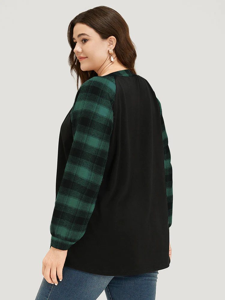 Plaid Patchwork Notched Button Detail Sweatshirt - Image 3