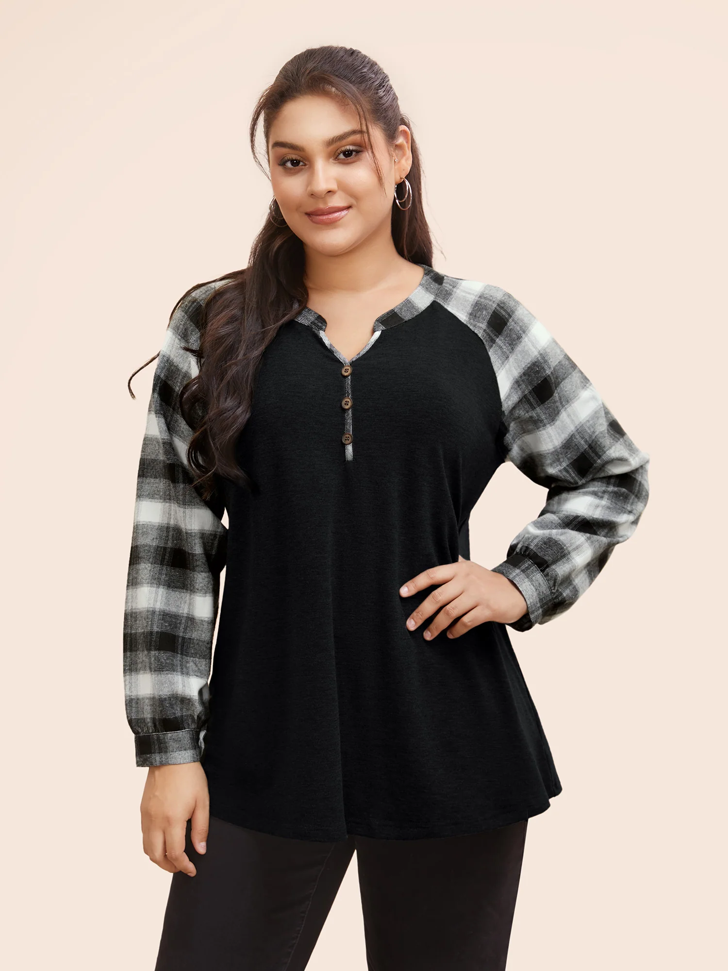 Plaid Patchwork Notched Button Detail Sweatshirt - Image 5