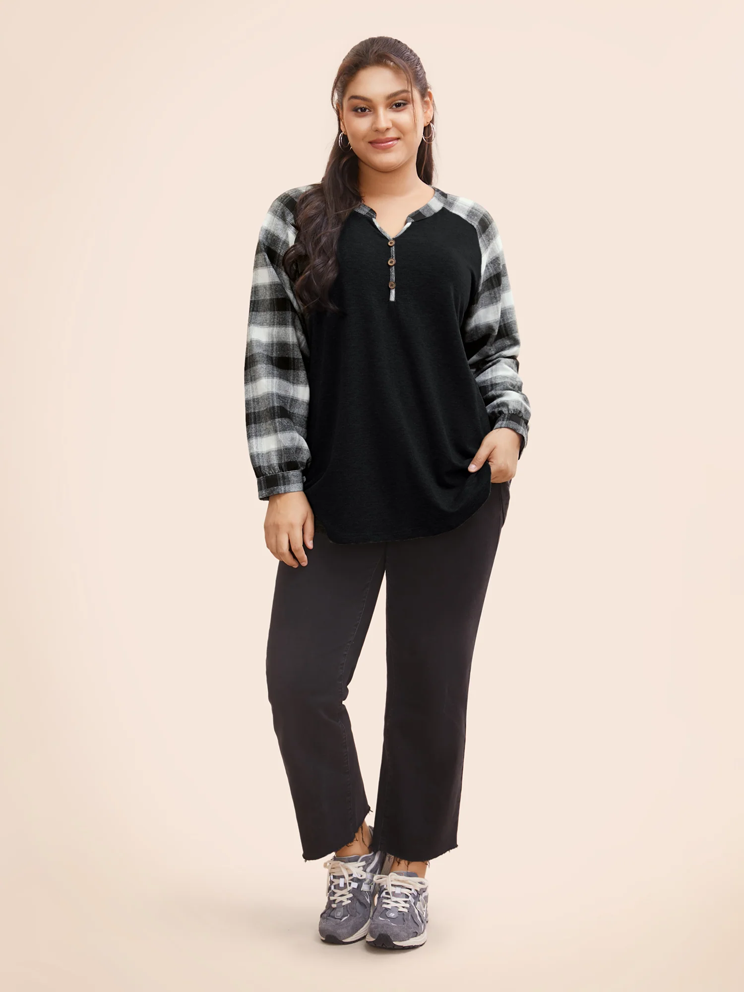 Plaid Patchwork Notched Button Detail Sweatshirt - Image 6