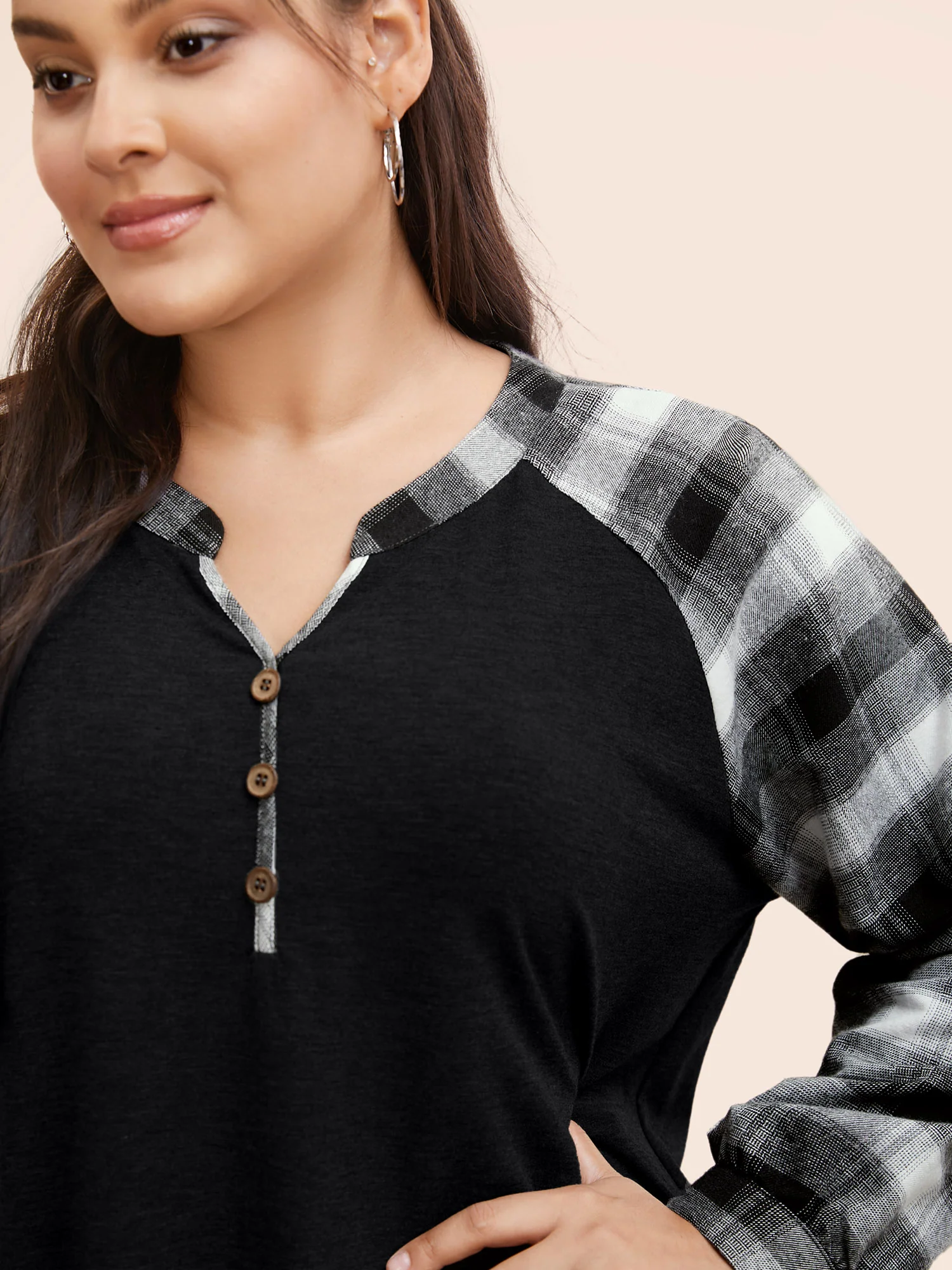 Plaid Patchwork Notched Button Detail Sweatshirt - Image 7