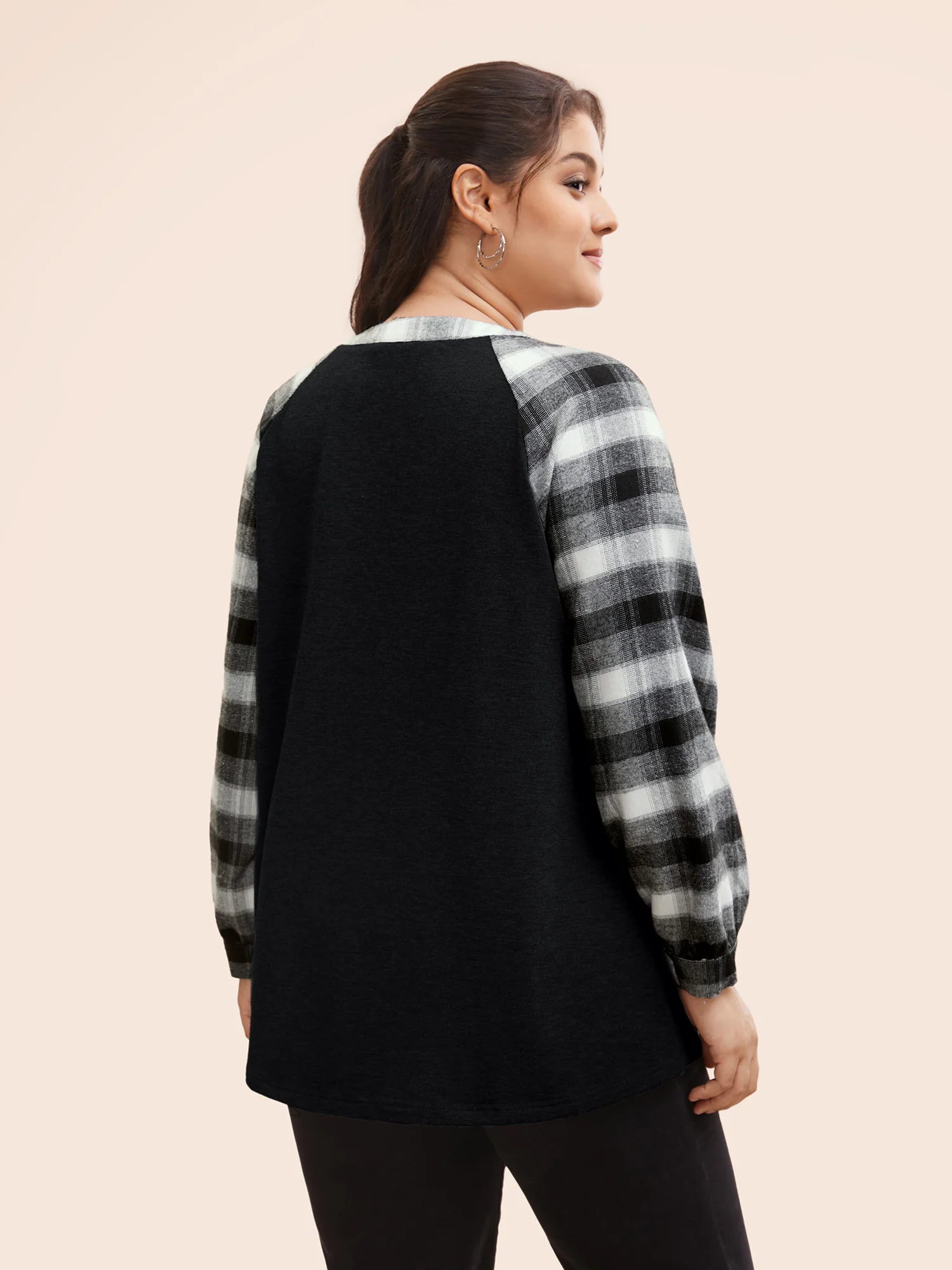 Plaid Patchwork Notched Button Detail Sweatshirt - Image 8