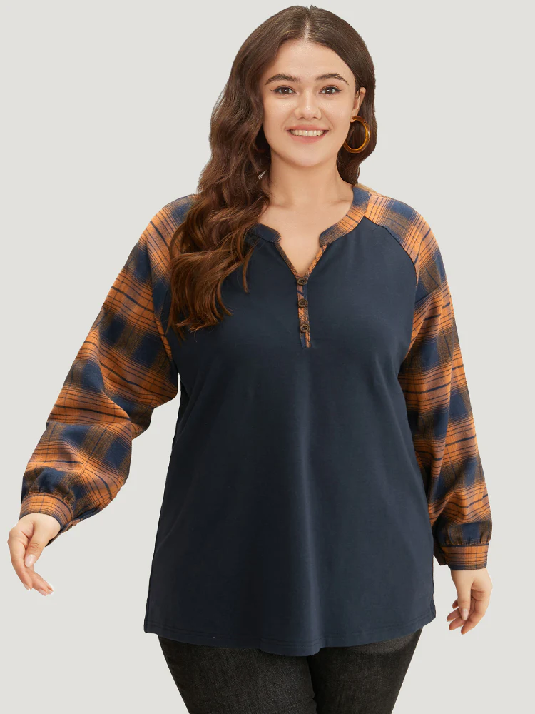 Plaid Patchwork Notched Button Detail Sweatshirt - Image 9