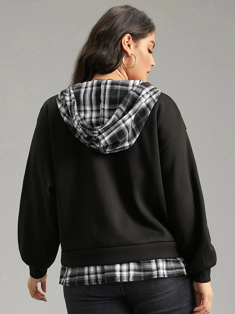 Plaid Patchwork O Ring Zipper Hooded Drawstring Jacket - Image 2