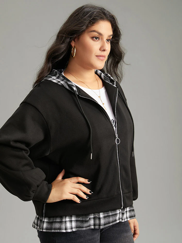Plaid Patchwork O Ring Zipper Hooded Drawstring Jacket - Image 3
