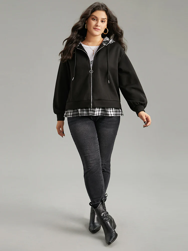 Plaid Patchwork O Ring Zipper Hooded Drawstring Jacket - Image 4