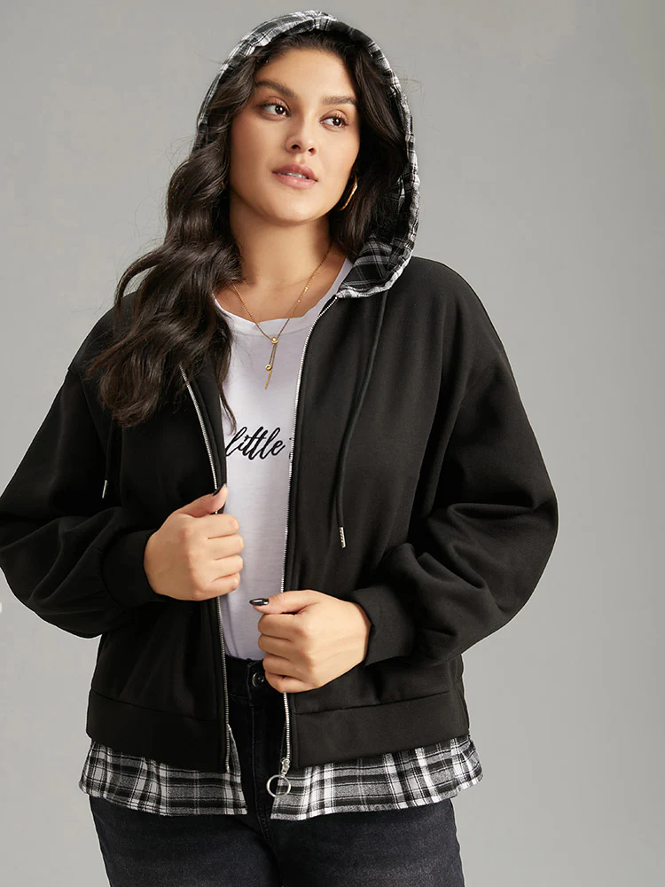 Plaid Patchwork O Ring Zipper Hooded Drawstring Jacket - Image 5