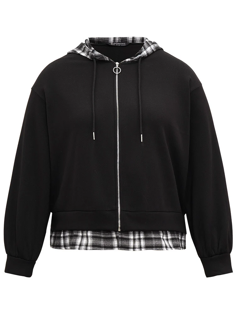 Plaid Patchwork O Ring Zipper Hooded Drawstring Jacket - Image 7