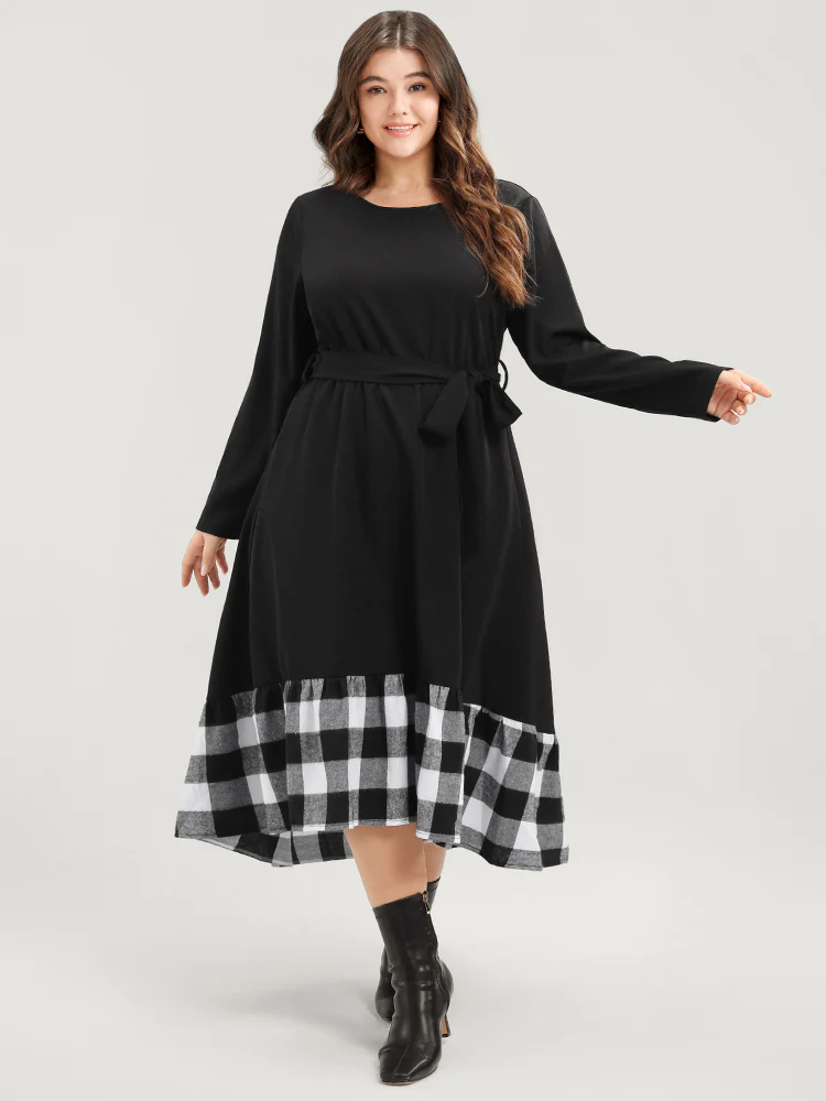 Plaid Patchwork Pocket Belted Asymmetrical Hem Dress - Image 2
