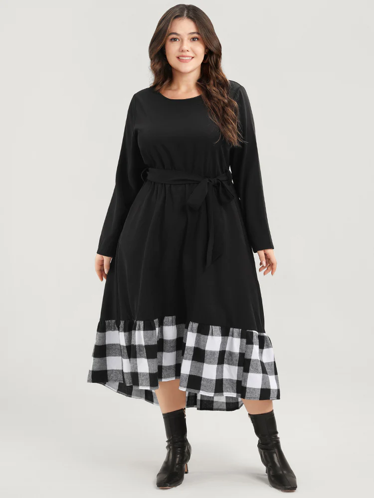 Plaid Patchwork Pocket Belted Asymmetrical Hem Dress - Image 3