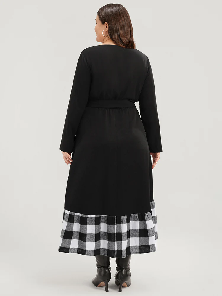 Plaid Patchwork Pocket Belted Asymmetrical Hem Dress - Image 4