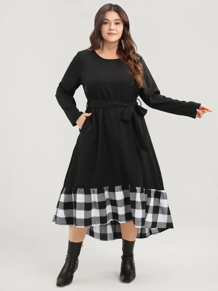 Plaid Patchwork Pocket Belted Asymmetrical Hem Dress - Image 5