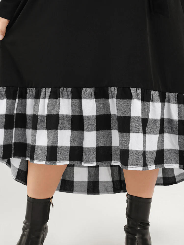 Plaid Patchwork Pocket Belted Asymmetrical Hem Dress - Image 7