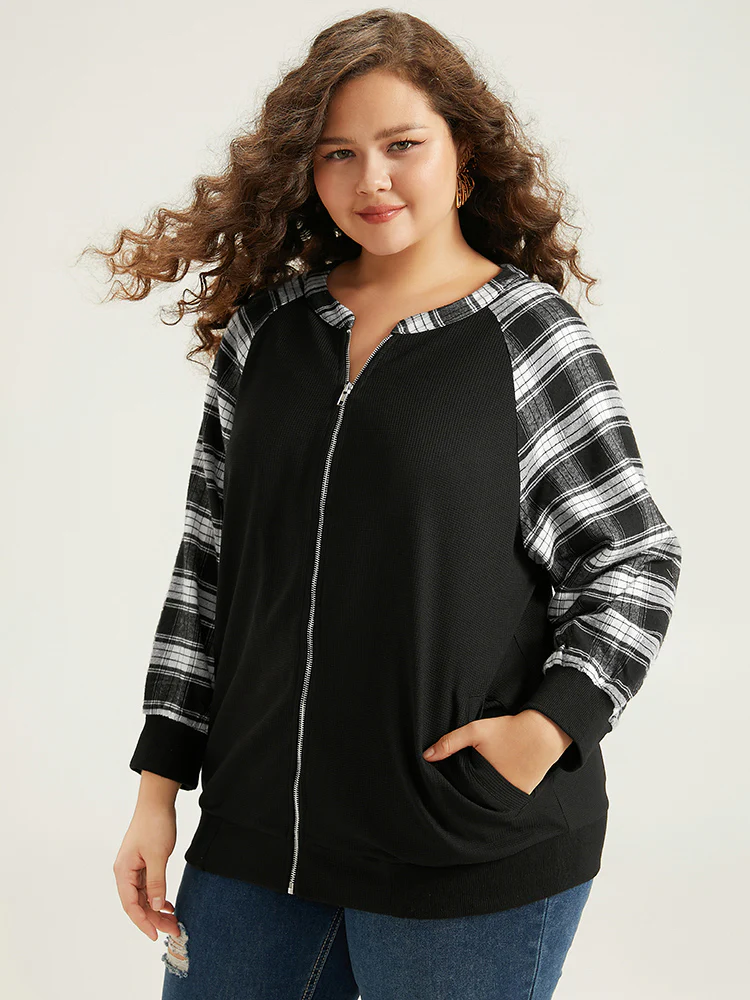 Plaid Patchwork Pocket Zipper Fly Jacket - Image 3