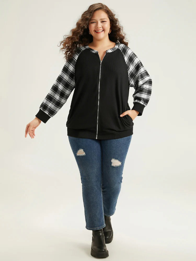 Plaid Patchwork Pocket Zipper Fly Jacket - Image 4