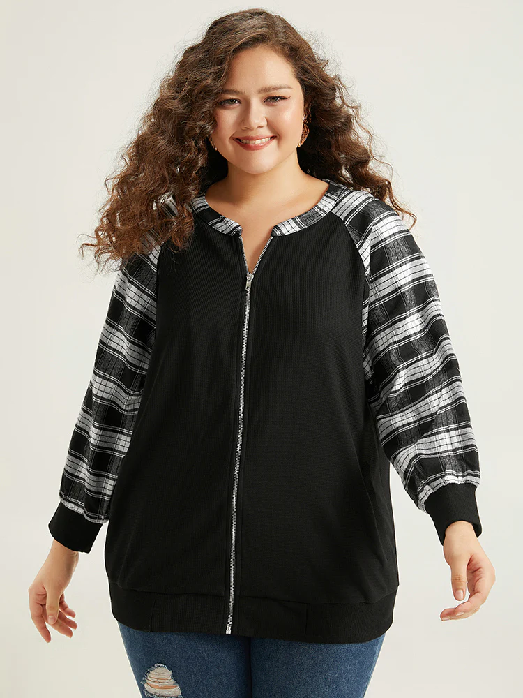 Plaid Patchwork Pocket Zipper Fly Jacket - Image 5
