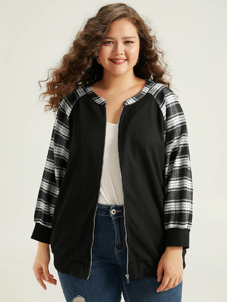 Plaid Patchwork Pocket Zipper Fly Jacket - Image 6