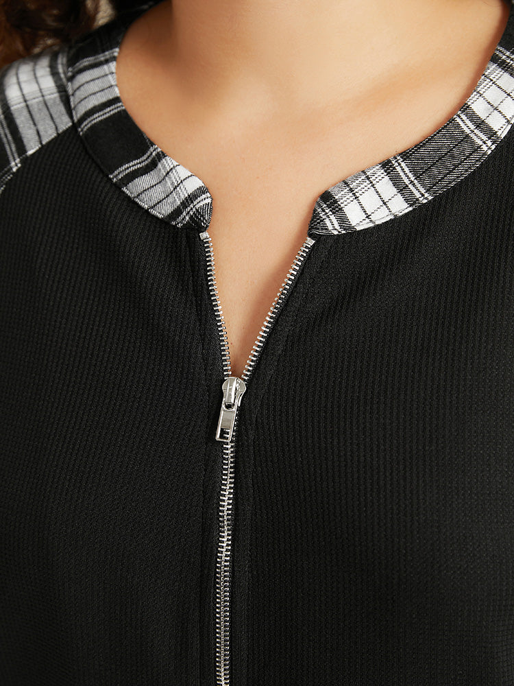 Plaid Patchwork Pocket Zipper Fly Jacket - Image 7