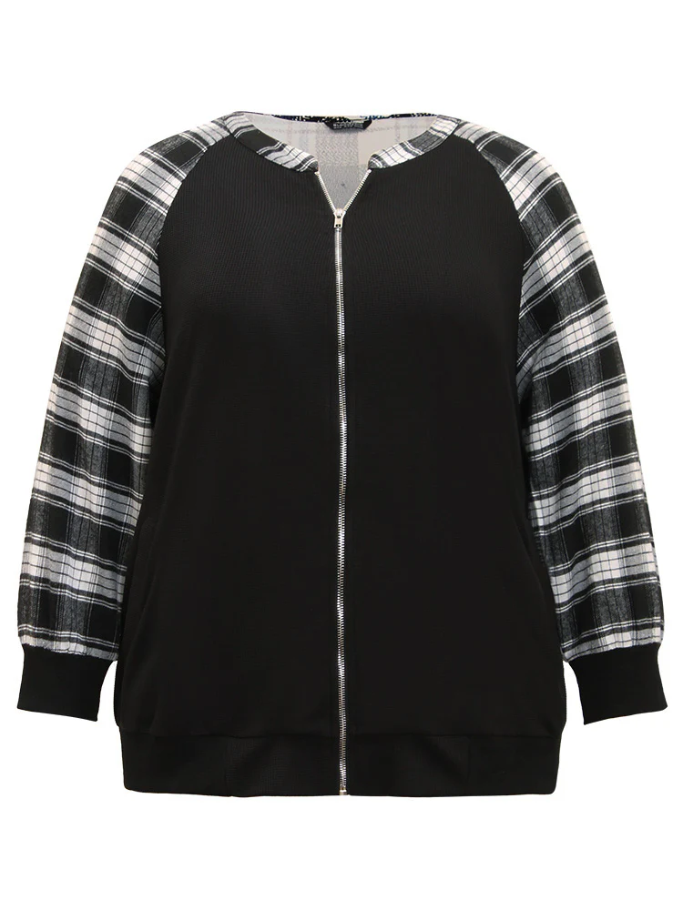 Plaid Patchwork Pocket Zipper Fly Jacket - Image 9