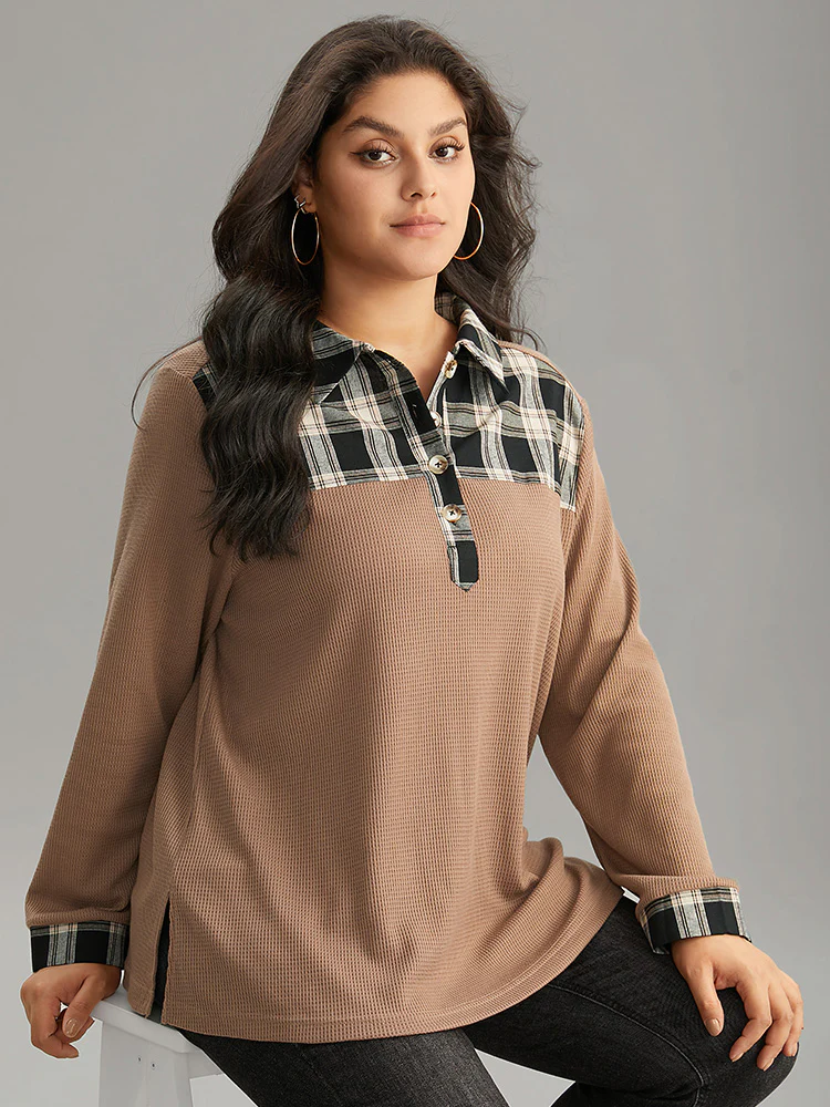 Plaid Patchwork Polo Waffle Knit Button Up T-shirt - Image 3