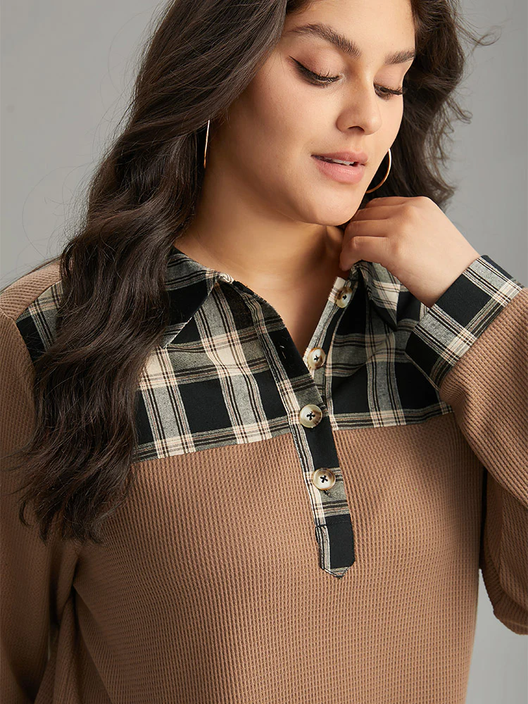 Plaid Patchwork Polo Waffle Knit Button Up T-shirt - Image 5