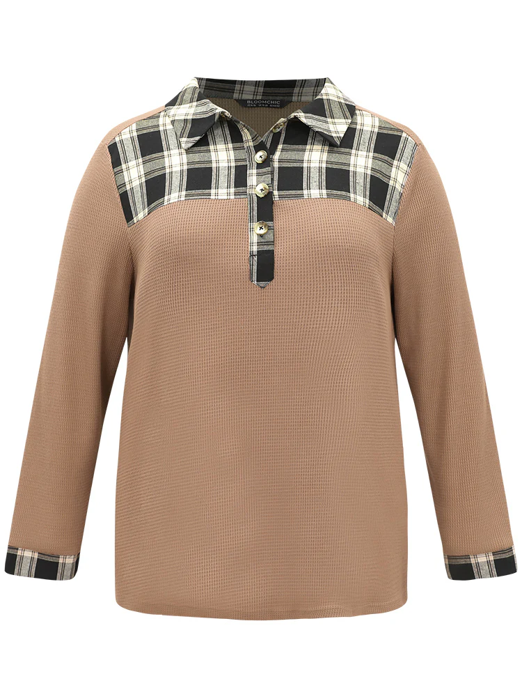 Plaid Patchwork Polo Waffle Knit Button Up T-shirt - Image 6