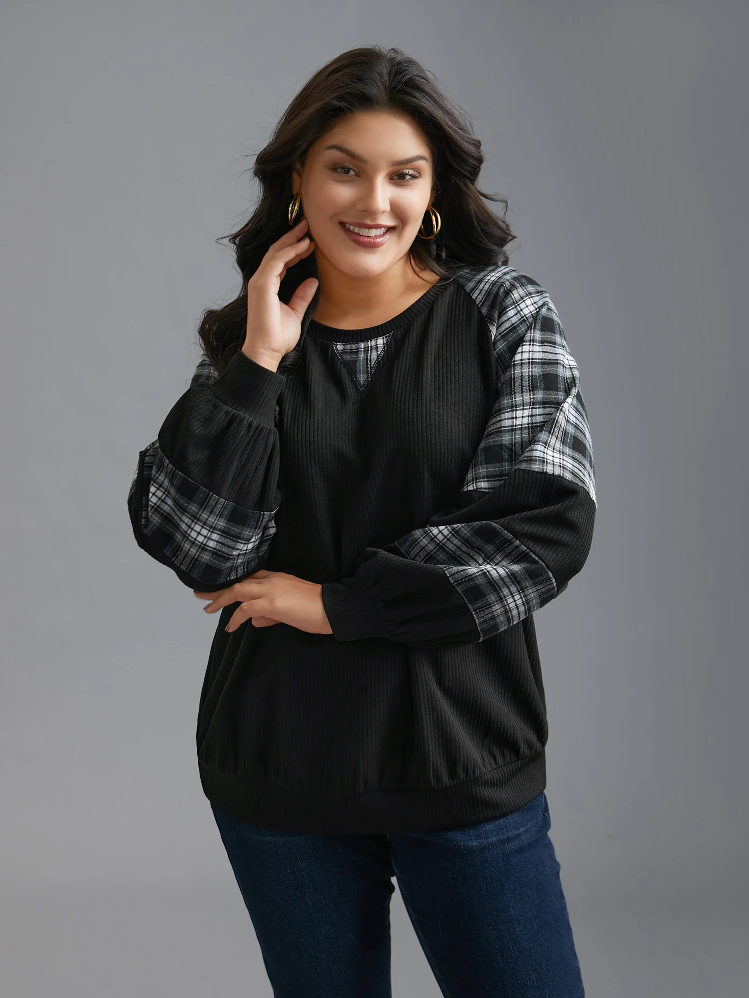 Plaid Patchwork Raglan Sleeve Sweatshirt - Image 10