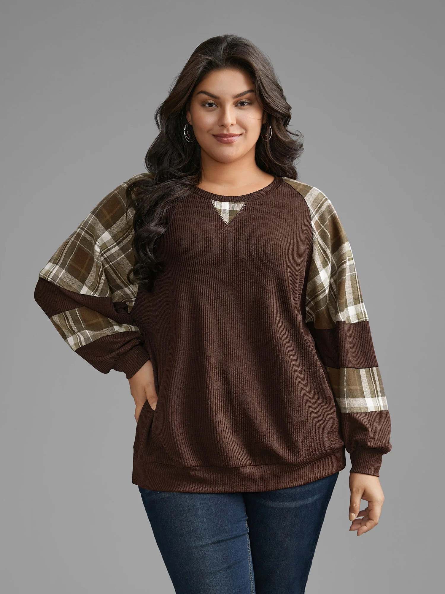 Plaid Patchwork Raglan Sleeve Sweatshirt - Image 12