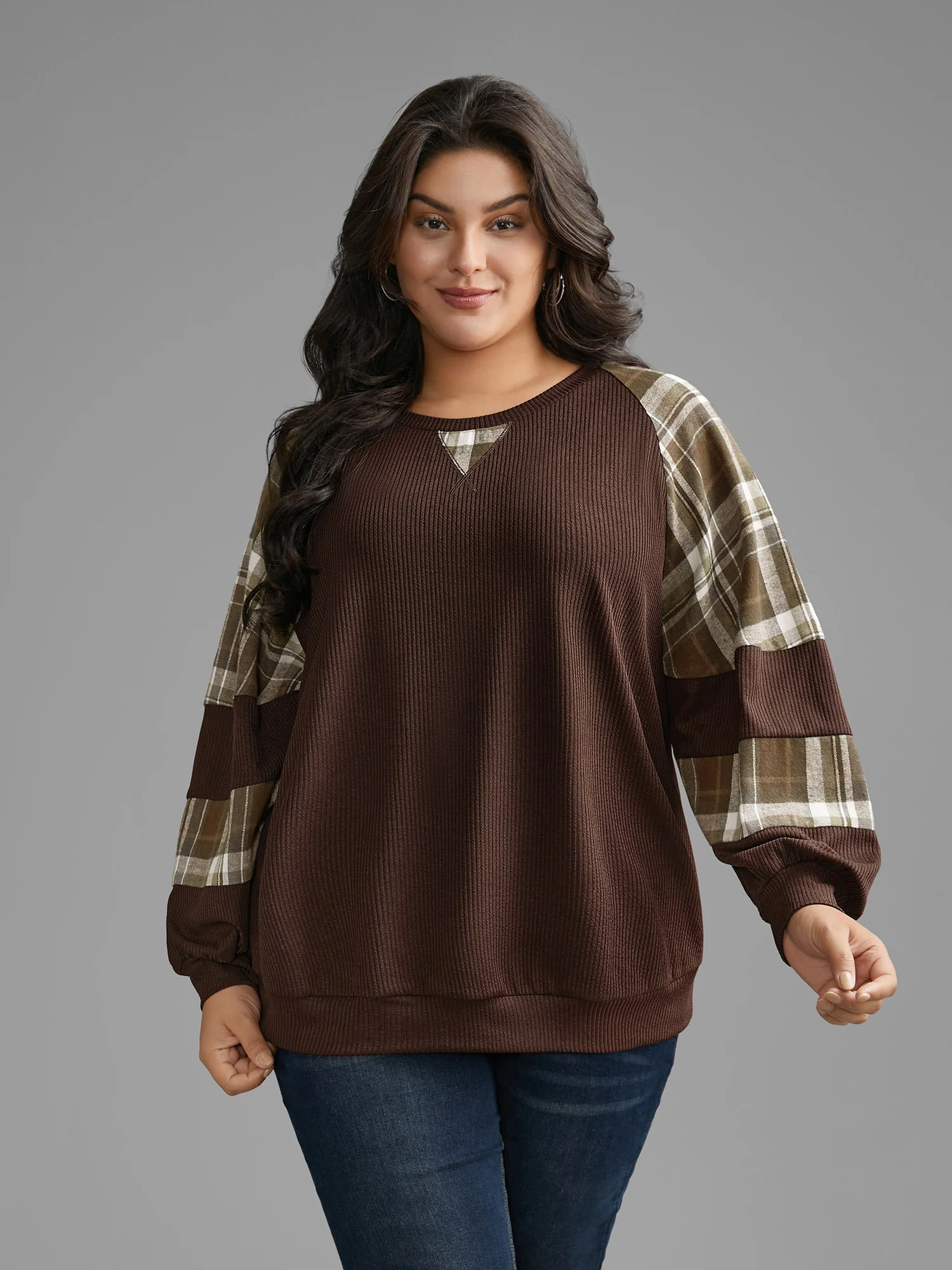 Plaid Patchwork Raglan Sleeve Sweatshirt - Image 13