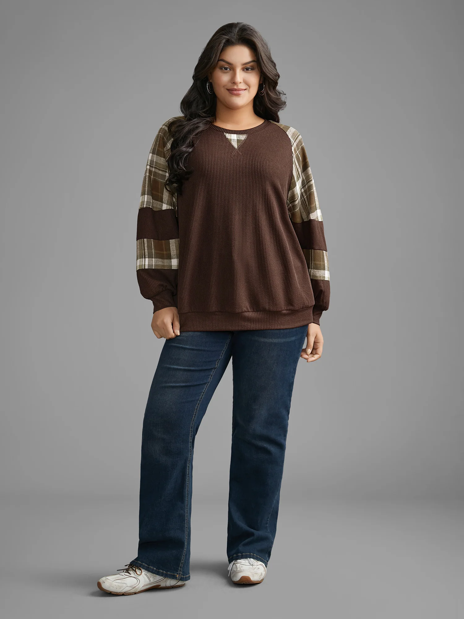 Plaid Patchwork Raglan Sleeve Sweatshirt - Image 14