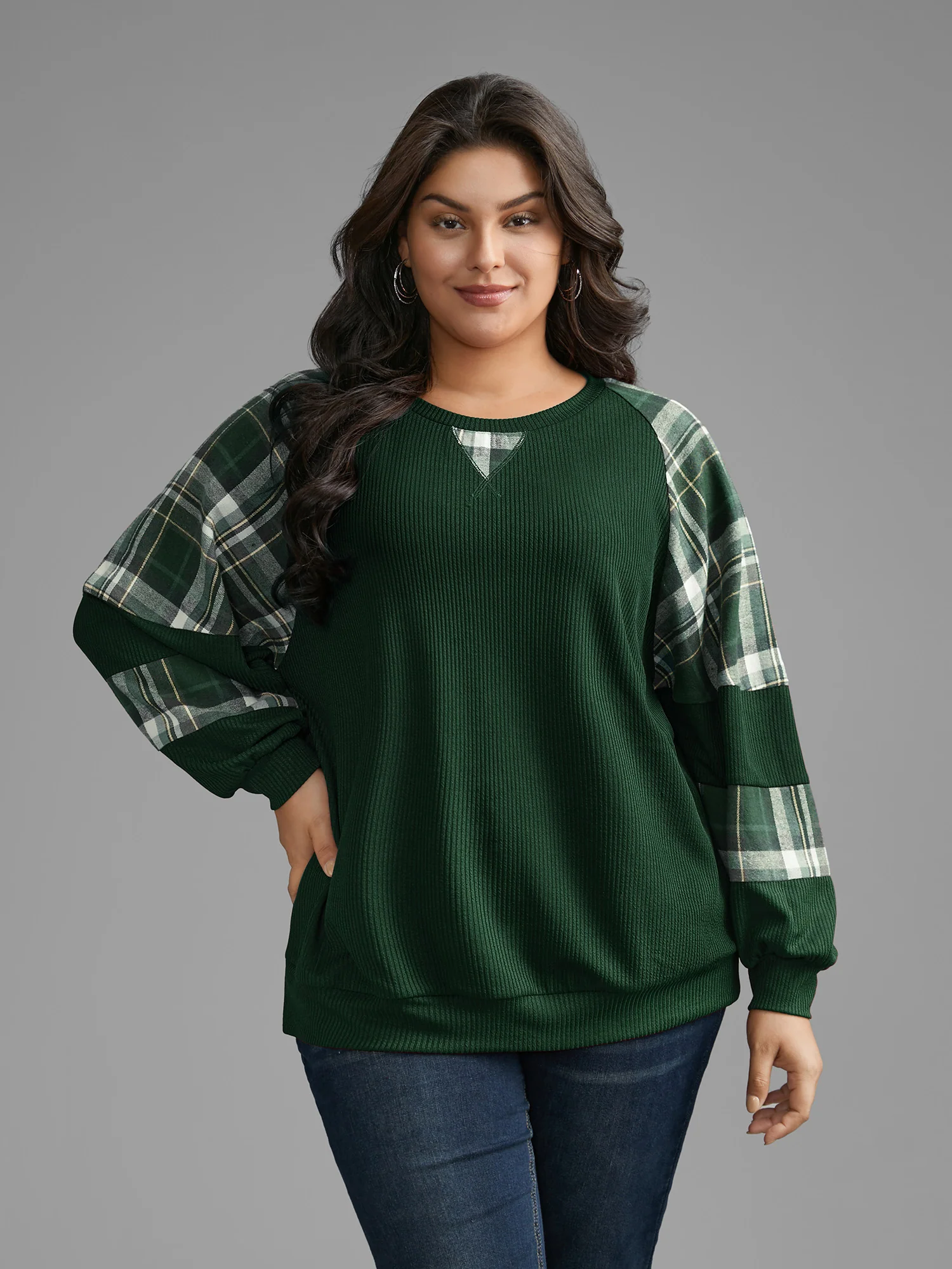 Plaid Patchwork Raglan Sleeve Sweatshirt - Image 16