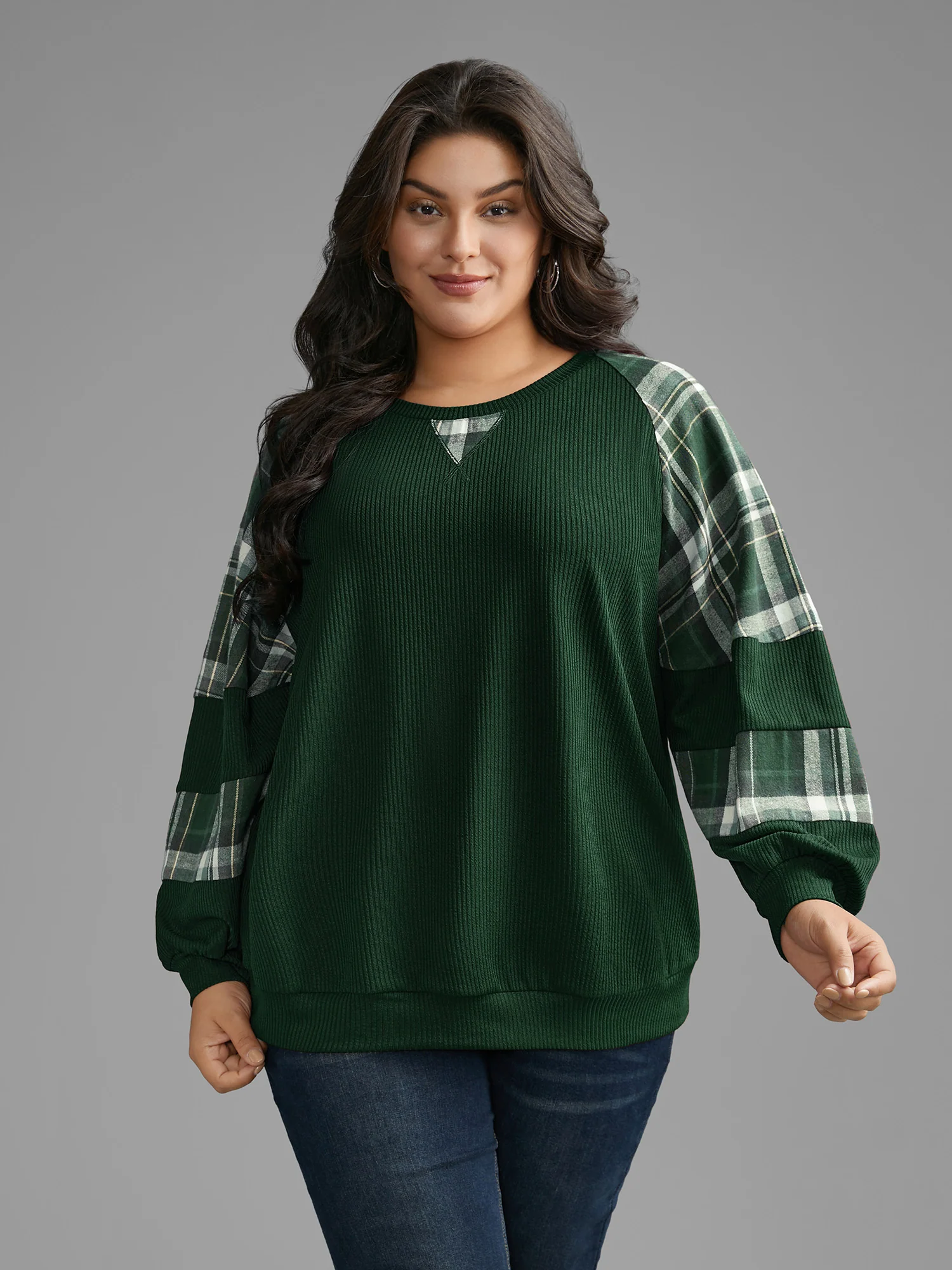 Plaid Patchwork Raglan Sleeve Sweatshirt - Image 17