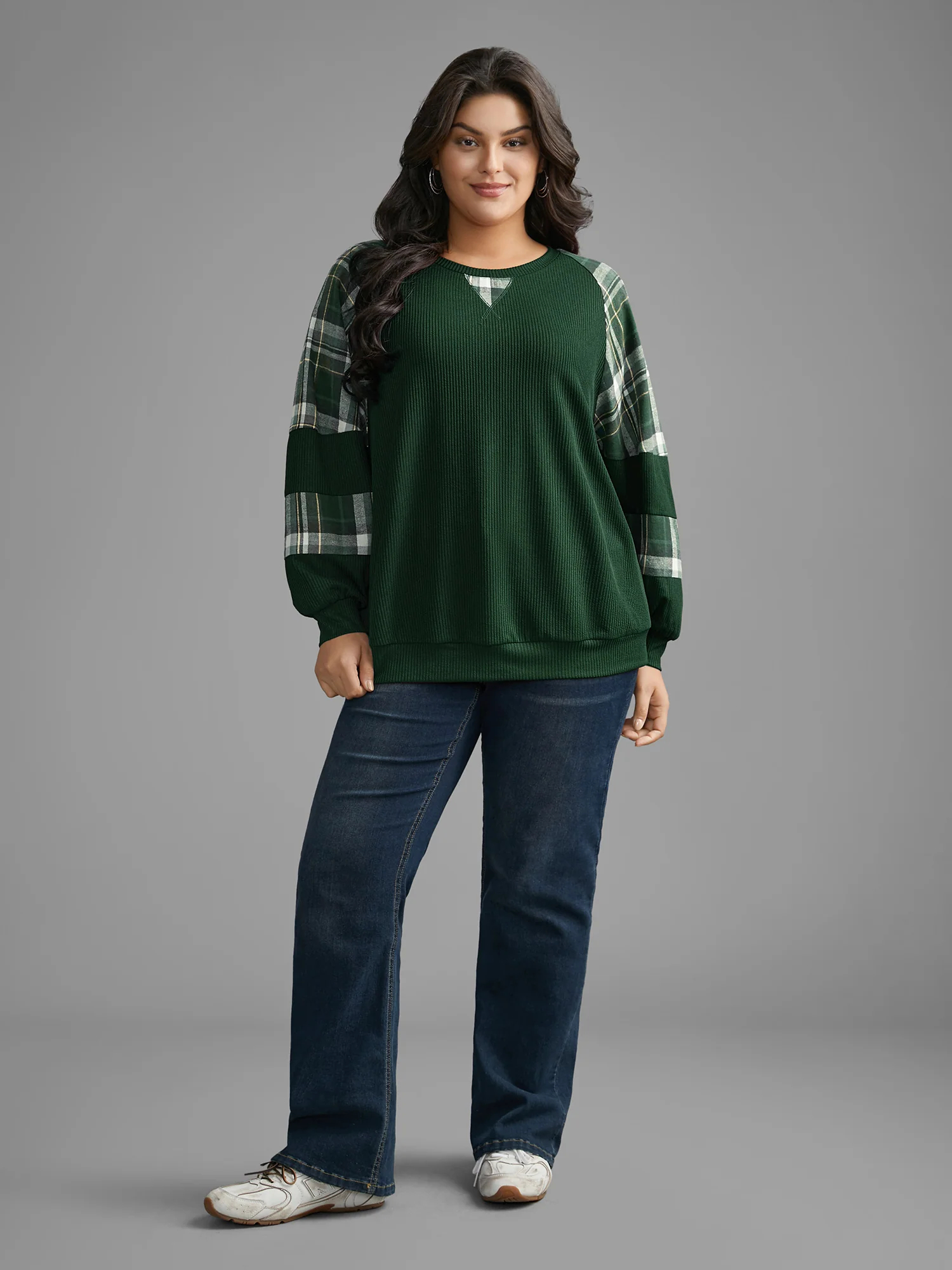 Plaid Patchwork Raglan Sleeve Sweatshirt - Image 18
