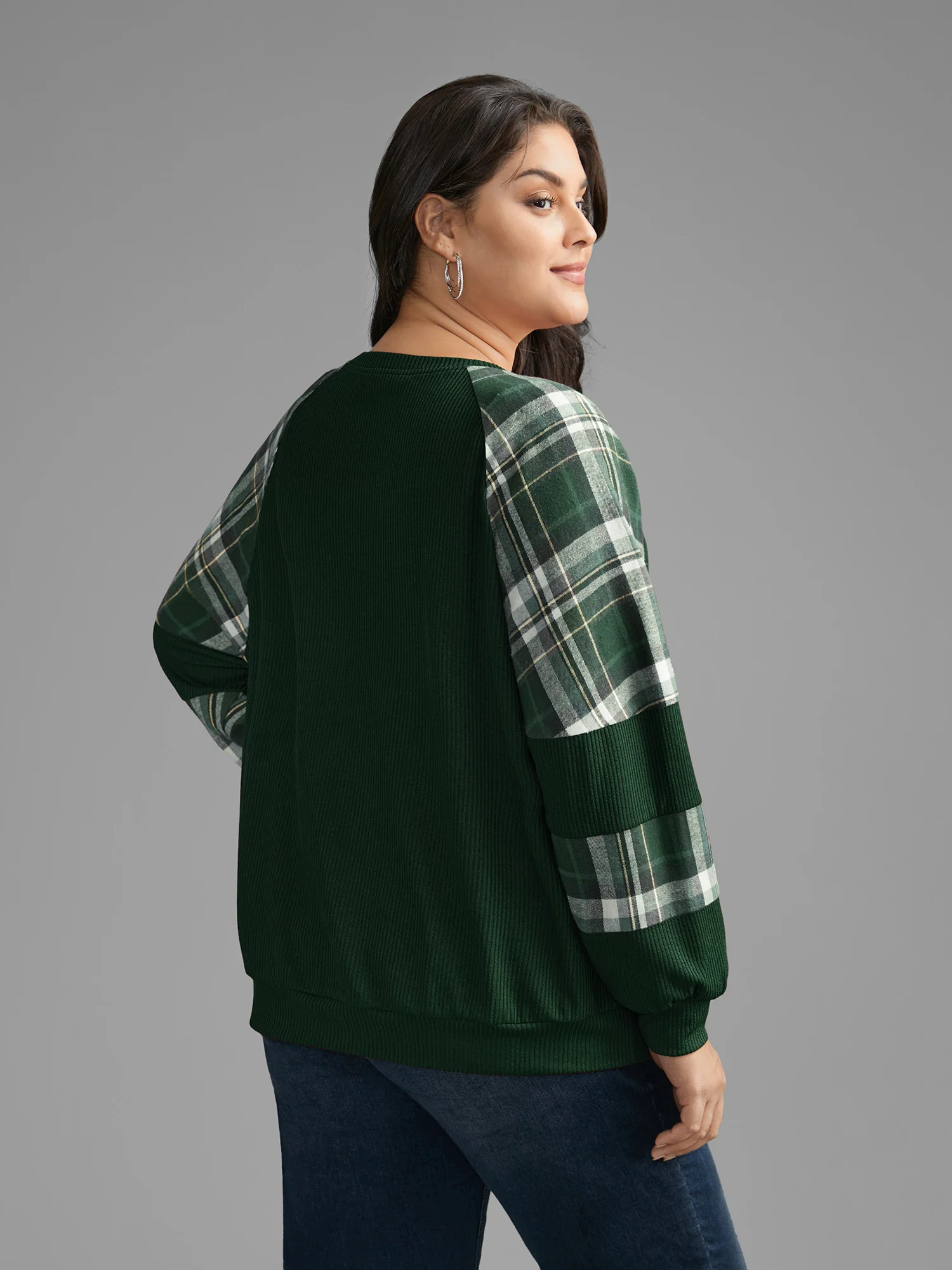 Plaid Patchwork Raglan Sleeve Sweatshirt - Image 19