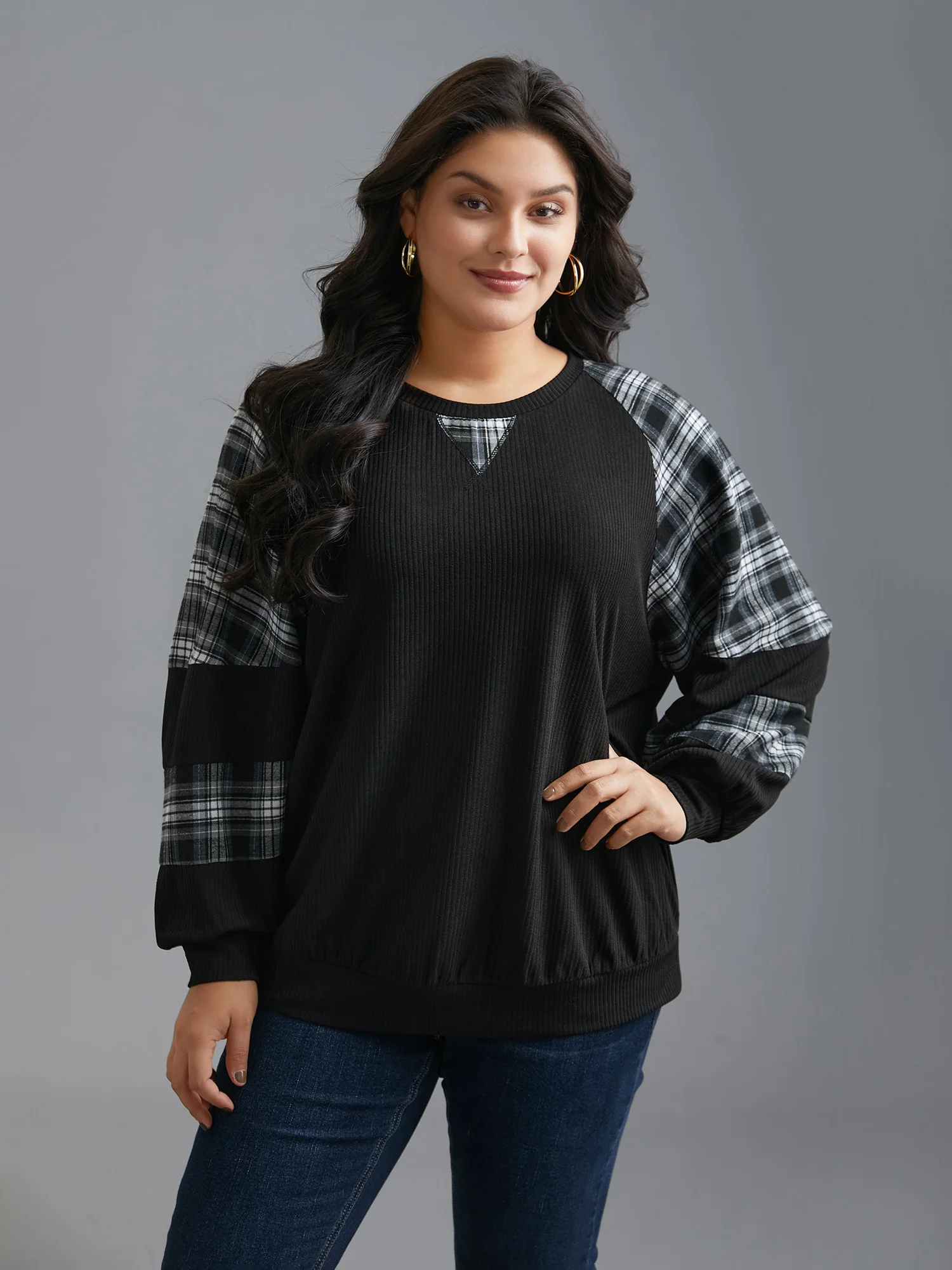 Plaid Patchwork Raglan Sleeve Sweatshirt - Image 8