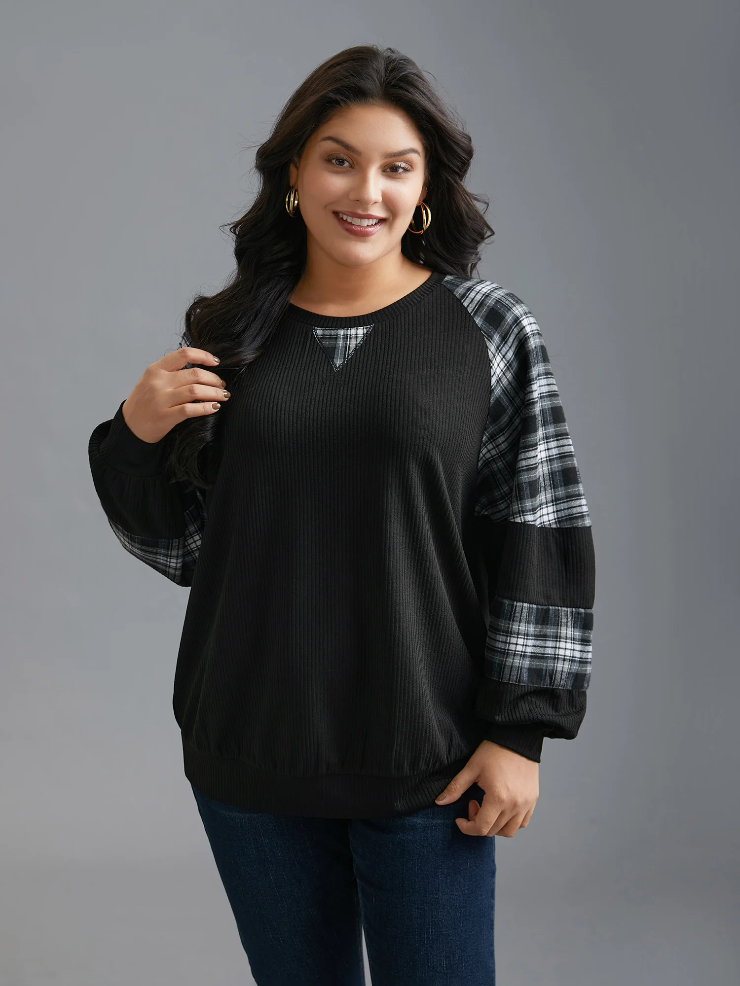 Plaid Patchwork Raglan Sleeve Sweatshirt - Image 9