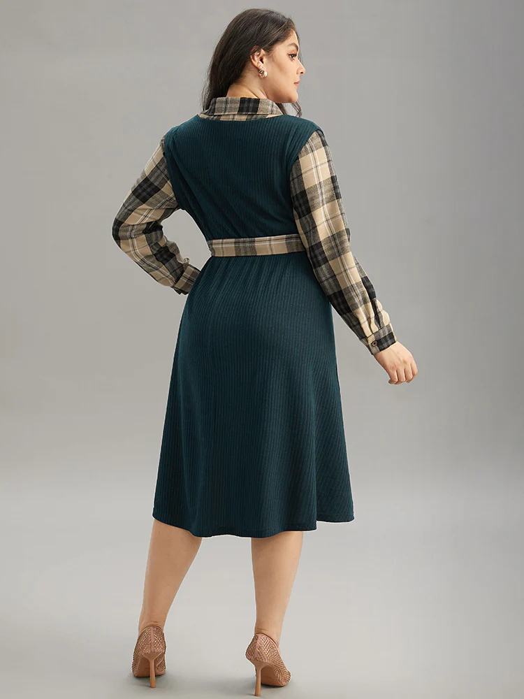 Plaid Patchwork Rib Knit Shirt Collar Belted Dress - Image 2